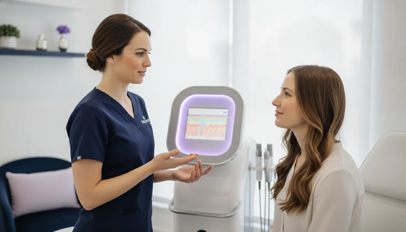 A clinician discussing facial skin imaging with a client in a bright aesthetic practice