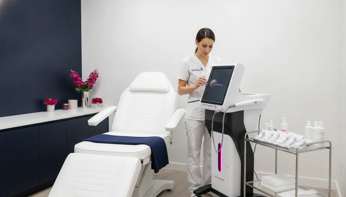Aesthetic professional preparing a microneedling device in a treatment room
