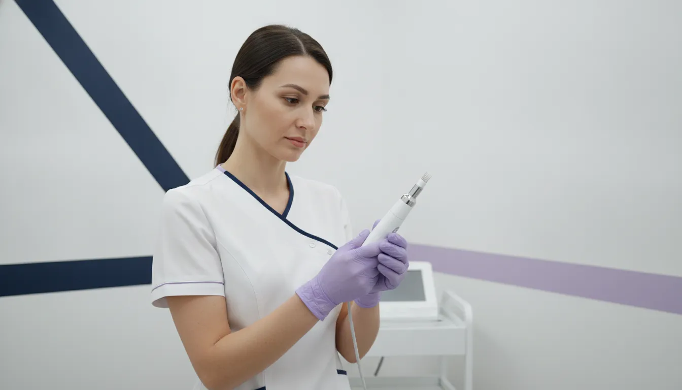 Professional aesthetic practitioner evaluating a microneedling pen