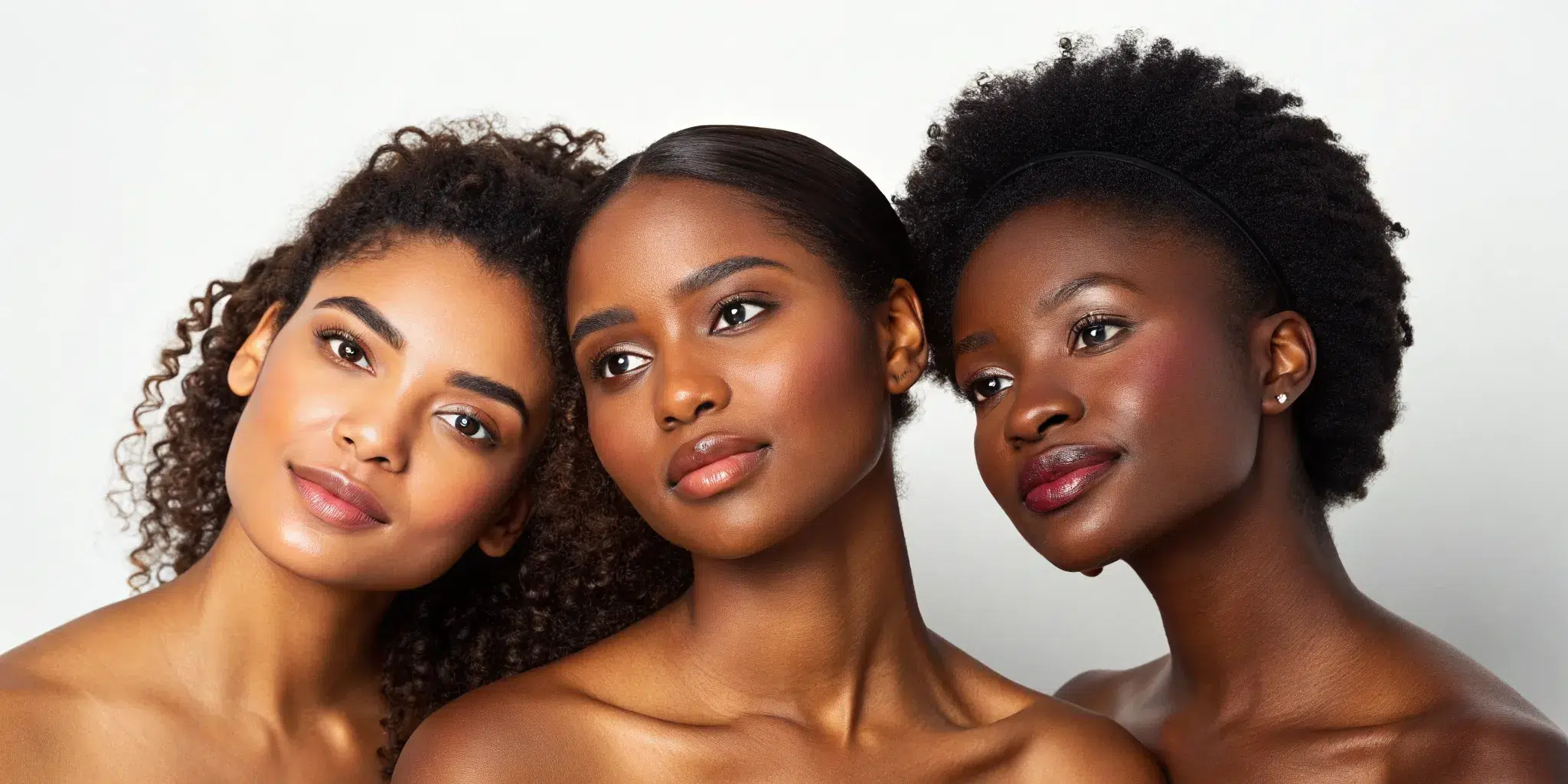 Three women with diverse and healthy melanin-rich skin.