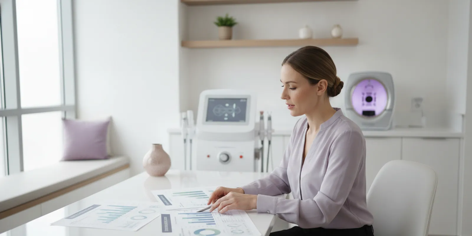 Aesthetic practice owner reviewing device market research at a desk in a modern clinic