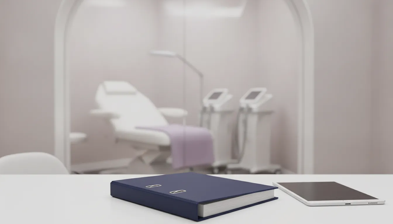 Navy policy binder and tablet on a desk in a bright aesthetic treatment room
