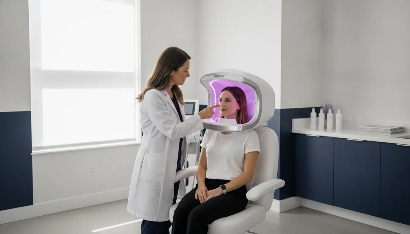 Clinician reviewing a skin imaging consultation with a client in a bright medical spa room