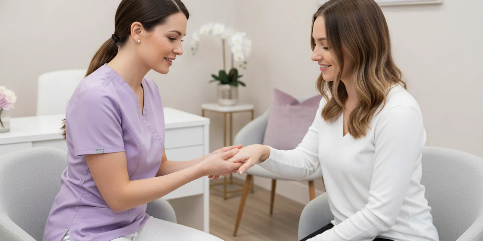 Clinician gently assessing a patient's skin in a bright medical-aesthetics consultation room