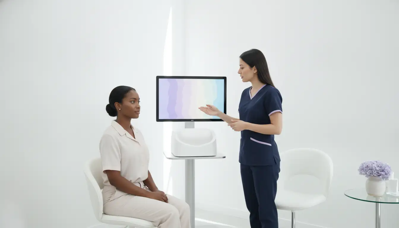 A clinician reviews a blank color display with a client seated beside a facial imaging station