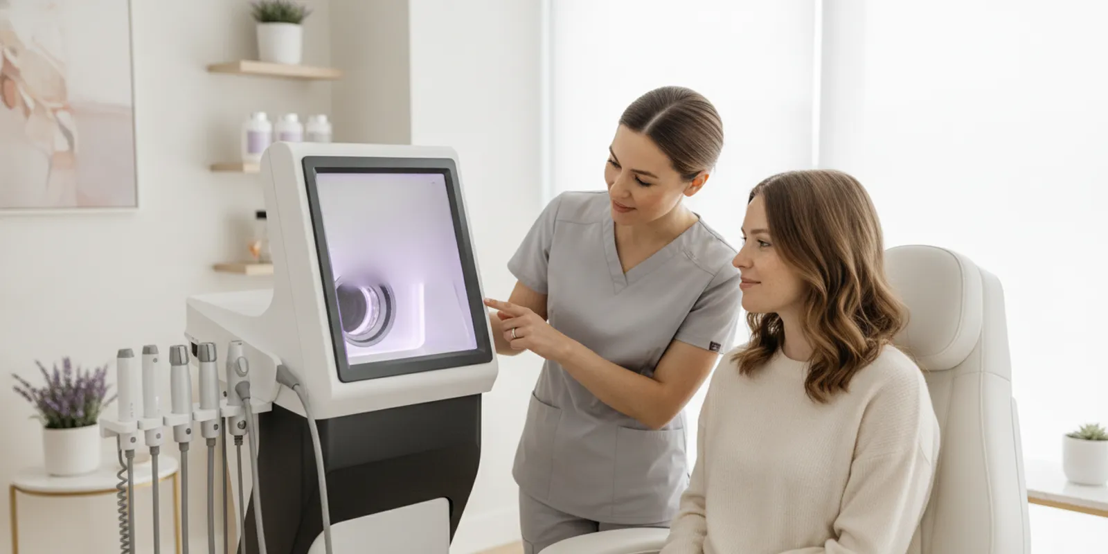 A clinician reviews a skin assessment with a patient in a modern aesthetic practice.