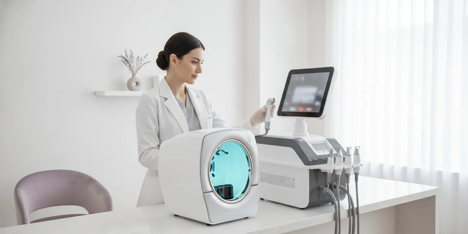 Aesthetic professional comparing facial exfoliation equipment in a modern treatment room