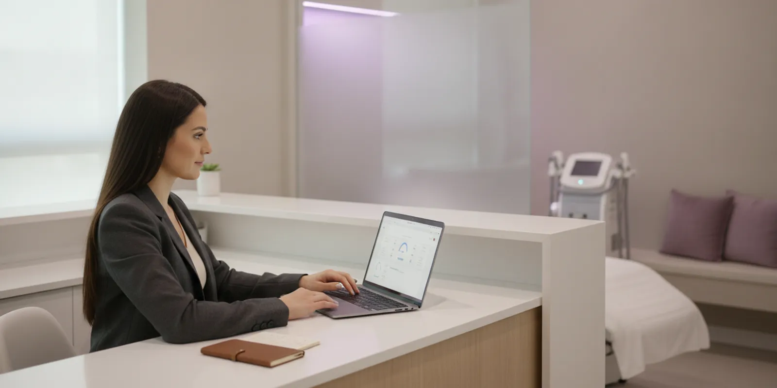 A medical spa owner reviewing appointment inquiries and marketing performance at a reception desk
