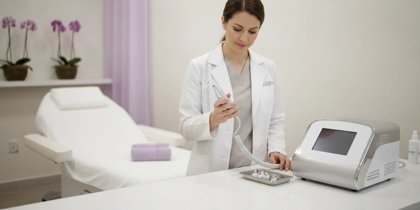 A licensed aesthetic professional reviewing a microneedling device in a modern medical spa treatment room