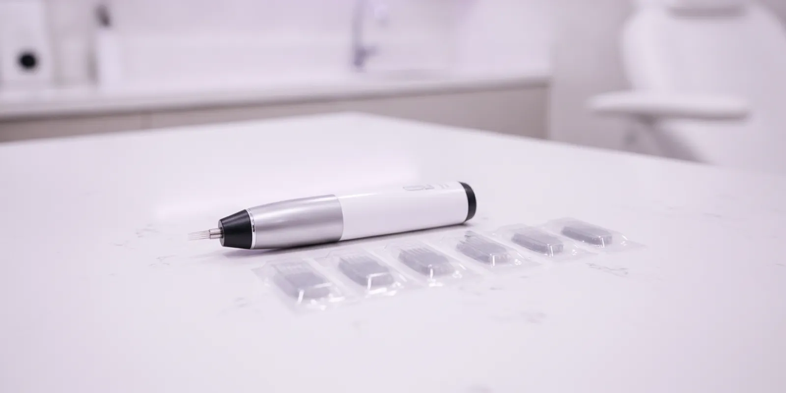 Professional microneedling pen and sealed cartridges arranged on a clean practice counter
